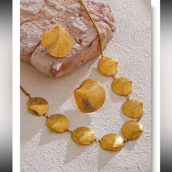 Gold Seashell Statement Necklace & Earring Set – Stainless Steel, PVD Plated - Picture 4 of 16